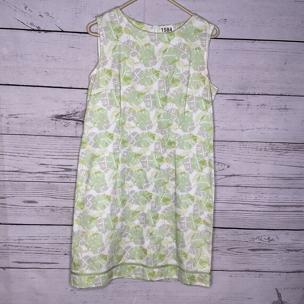 Vtg Cleo Women’s Green Shift Dress 12P Monstera Leaves All Over Cotton Unlined‎